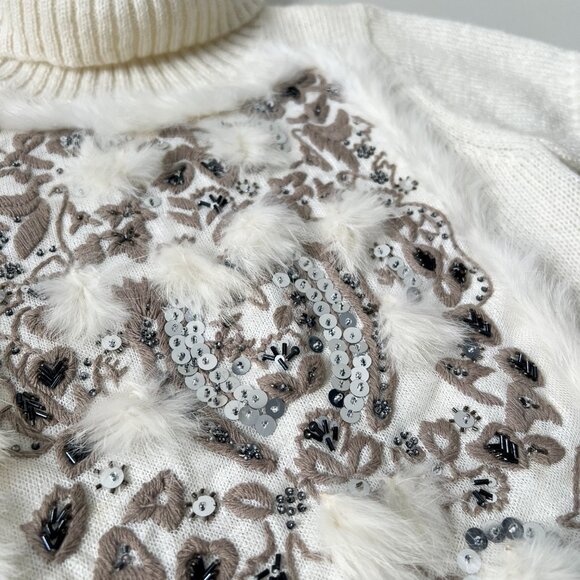 Japanese Brand Rabbit Fur Embellished Mohair Short-Sleeve Turtleneck Sweater - Picture 5 of 6